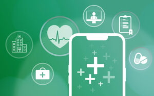 Adobe Stock Digitalisierung des Gesundheitssystems E Health Smartphone und Hintergrund mit medizinischen Symbolen Gesundheitswesen Gesundheit Online Sprechstunde ke Bu Medien 543434188